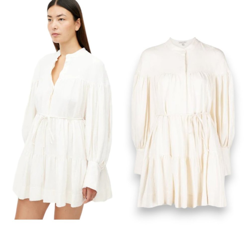 Shona Joy Brigitte Tiered Linen Cotton Cream Mini Dress US 2 AUS 6 Women’s